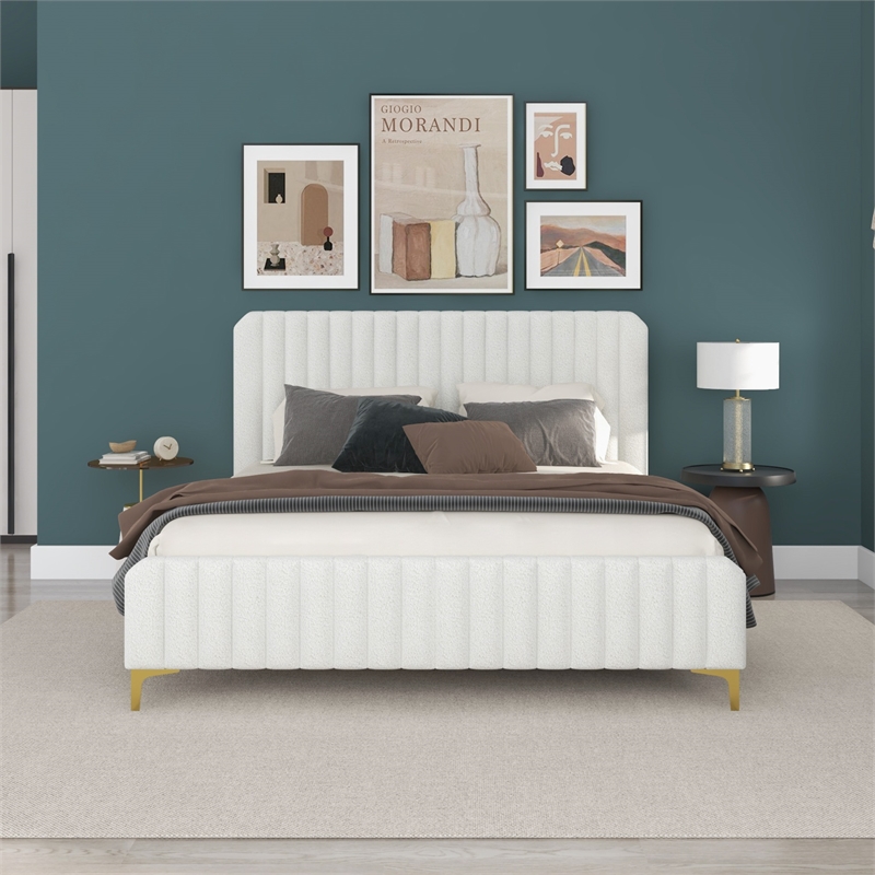 Pemberly Row Upholstered Mid-Century Fabric King Size Platform Bed in Cream