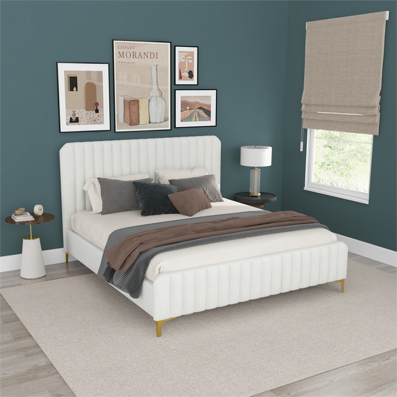 Pemberly Row Upholstered Mid-Century Fabric King Size Platform Bed in Cream