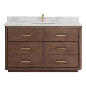 Pemberly Row 55&quot Dark Brown Oak Single Bath Vanity with Fish Maw White Quartz