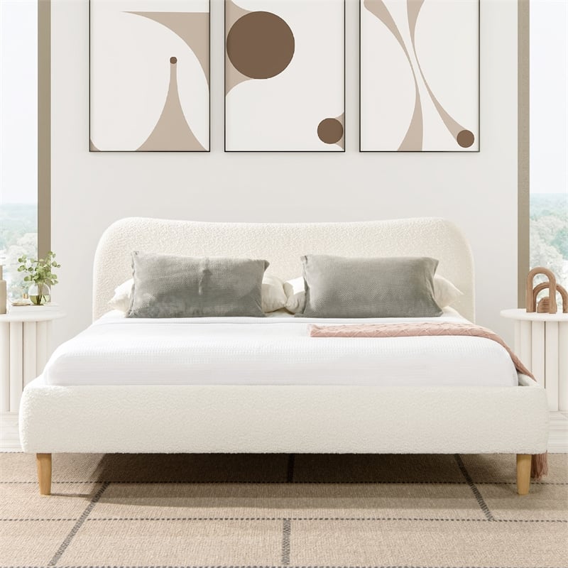 Pemberly Row Curved Headboard Upholstered Platform Bed King Ivory White Boucle