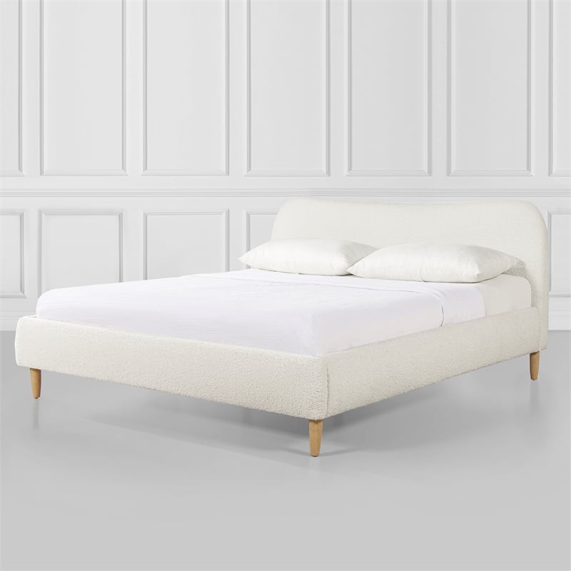 Pemberly Row Curved Headboard Upholstered Platform Bed King Ivory White Boucle