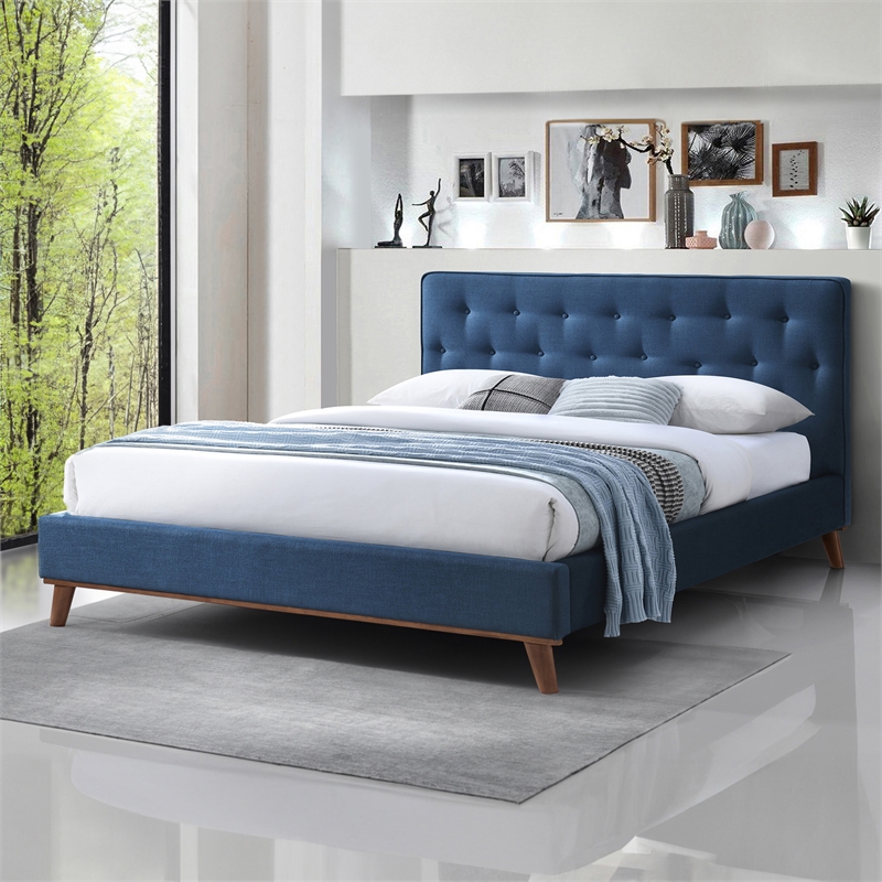 Pemberly Row Upholstered Fabric King Size Platform Bed in Navy Blue