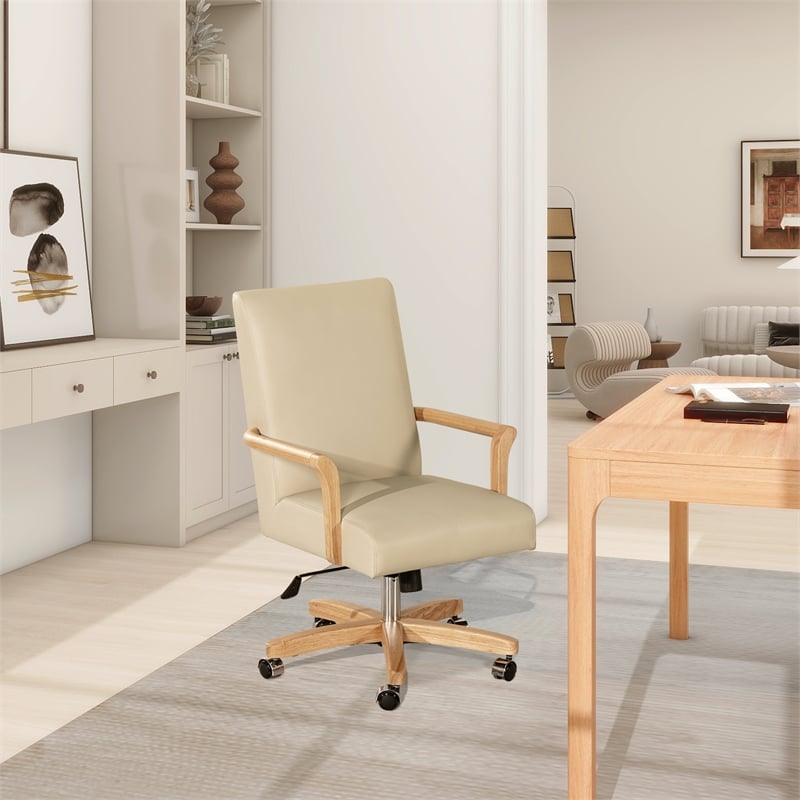Pemberly Row High Back Executive Home Office Chair Neutral Cream Beige & Wood