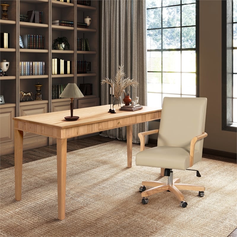 Pemberly Row High Back Executive Home Office Chair Neutral Cream Beige & Wood
