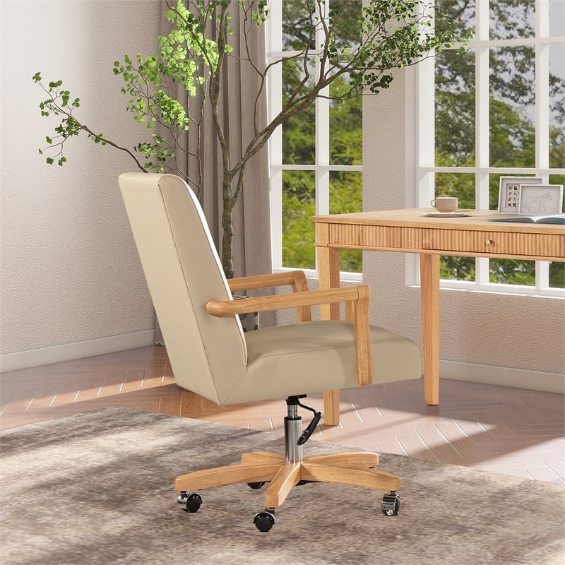 Pemberly Row High Back Executive Home Office Chair Neutral Cream Beige & Wood
