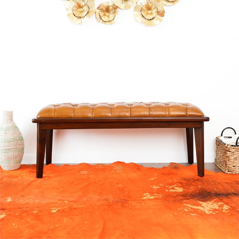 Pemberly Row Mid-Century Modern Upholstered Leather Bench in Tan