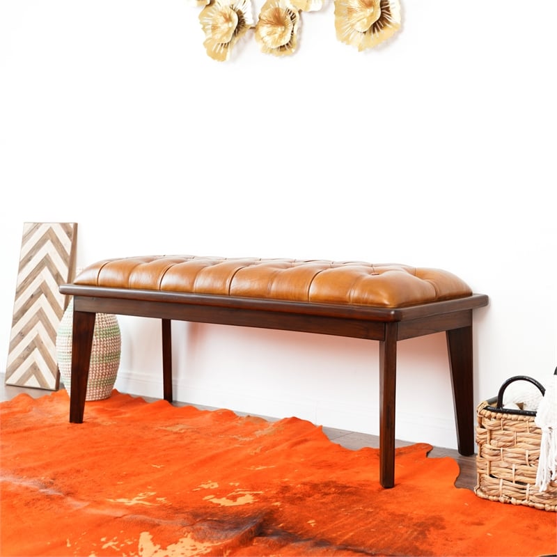 Pemberly Row Mid-Century Modern Upholstered Leather Bench in Tan