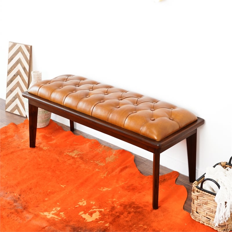 Pemberly Row Mid-Century Modern Upholstered Leather Bench in Tan