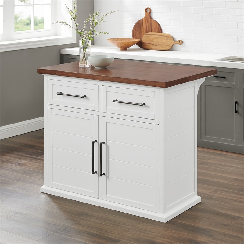 Pemberly Row Modern Wood Kitchen Island in White / Walnut Finish
