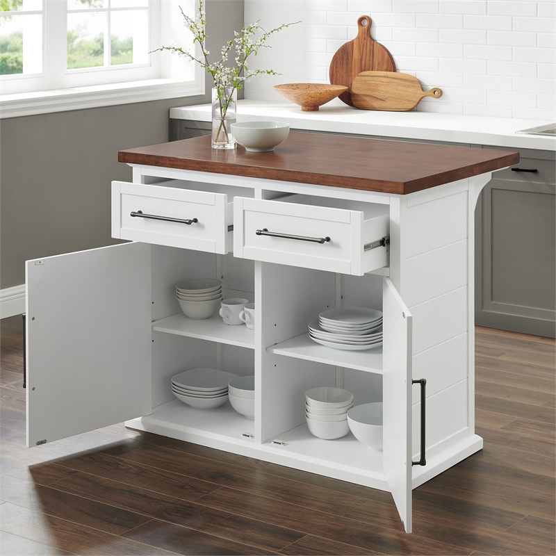 Pemberly Row Modern Wood Kitchen Island in White / Walnut Finish