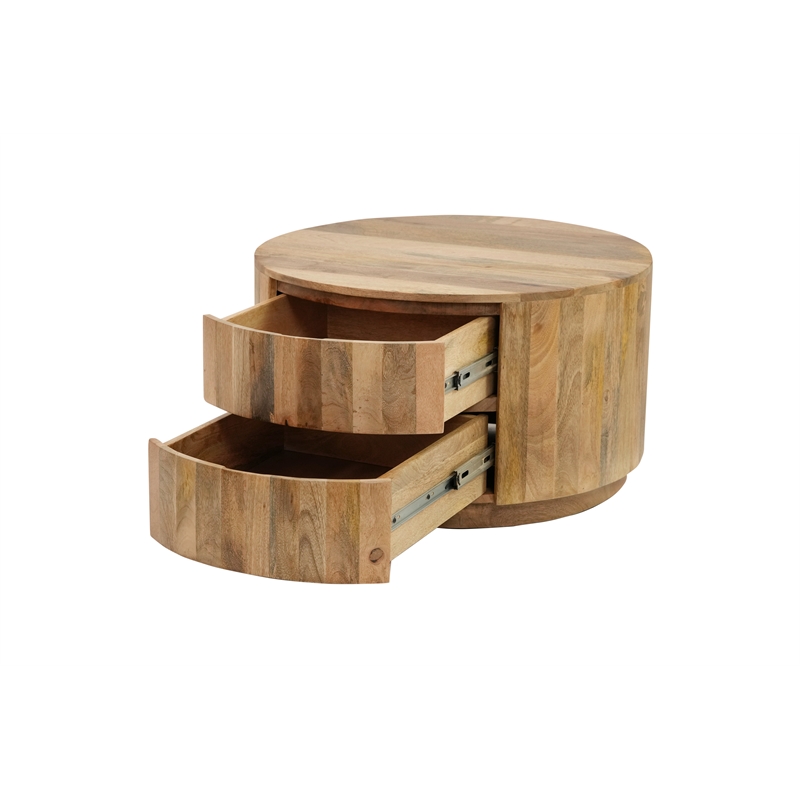 Pemberly Row Modern 2-Drawer Round Wood Coffee Table in Brown