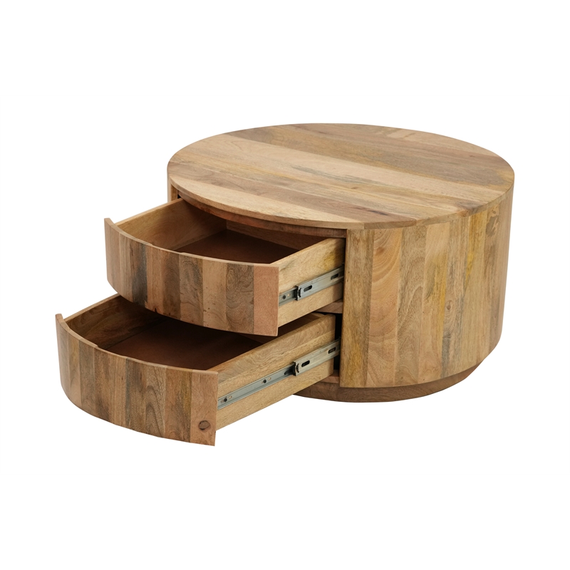 Pemberly Row Modern 2-Drawer Round Wood Coffee Table in Brown