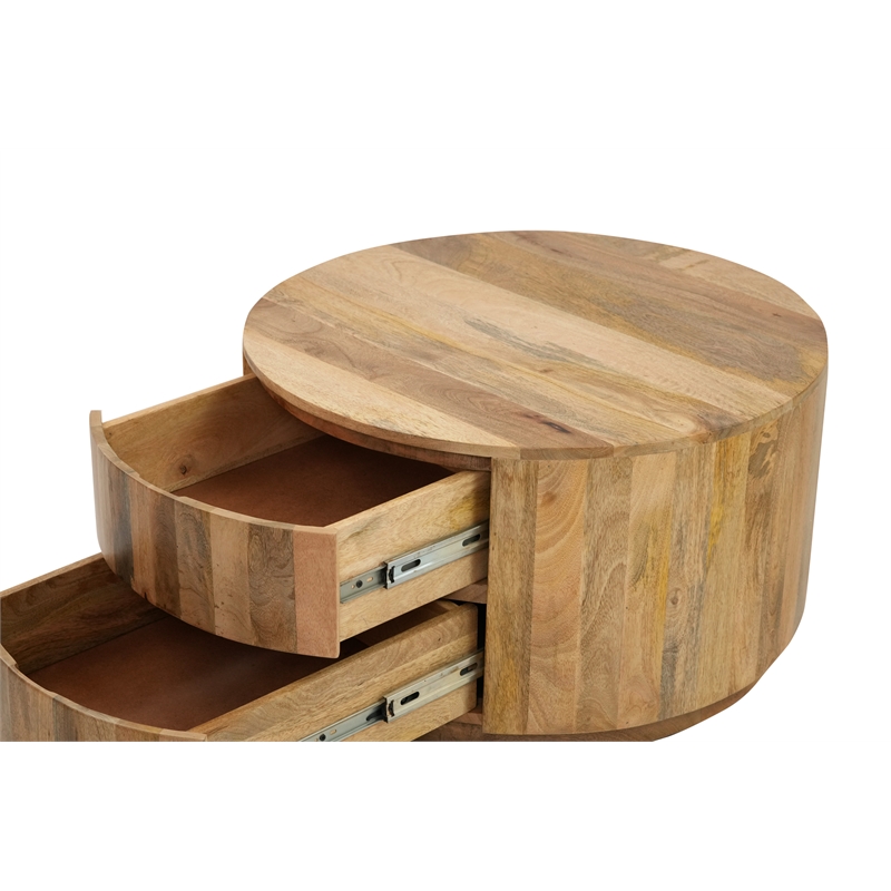 Pemberly Row Modern 2-Drawer Round Wood Coffee Table in Brown