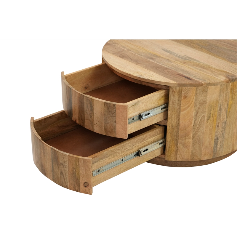 Pemberly Row Modern 2-Drawer Round Wood Coffee Table in Brown