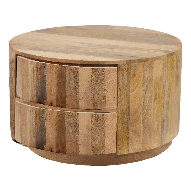Pemberly Row Modern 2-Drawer Round Wood Coffee Table in Brown