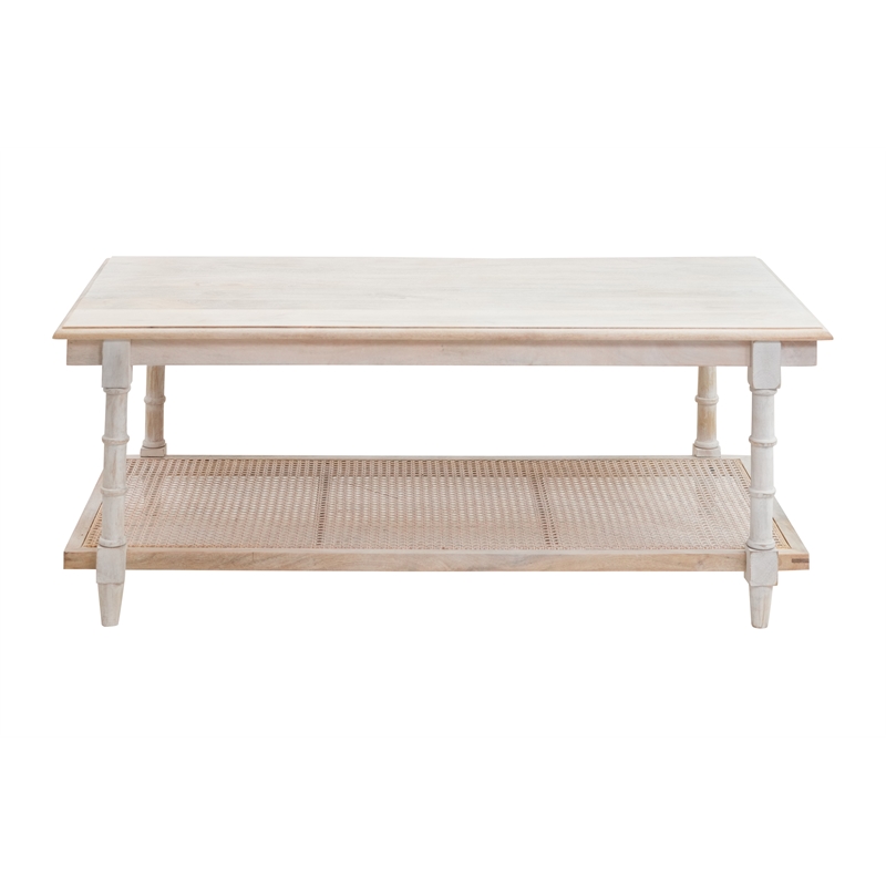 Pemberly Row Contemporary Wood & Cane Coffee Table in Whitewash