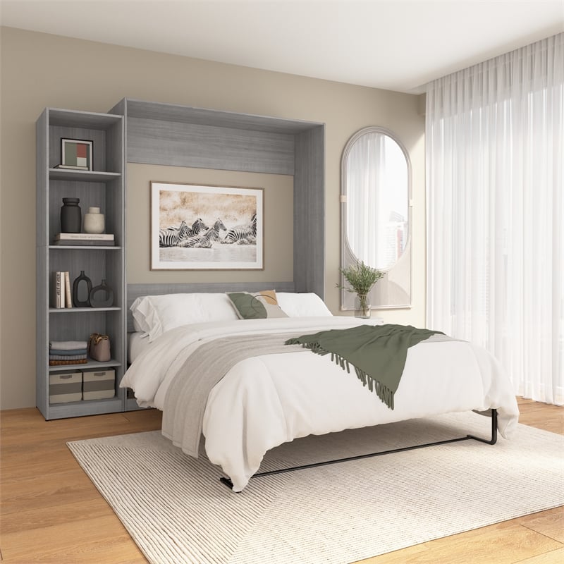 Pemberly Row Wood Queen Murphy Bed with Closet Organizer in Gray