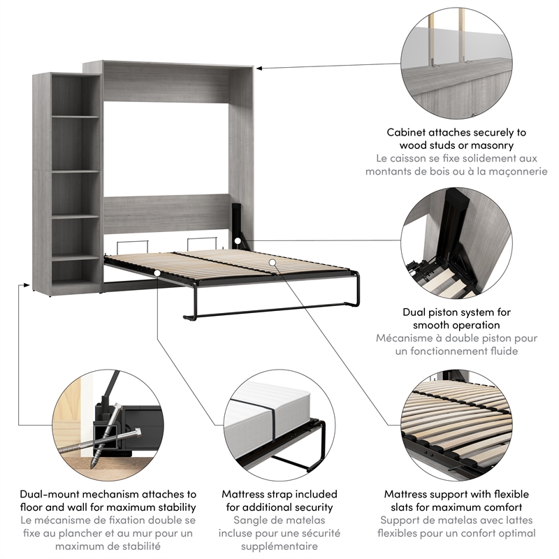 Pemberly Row Wood Queen Murphy Bed with Closet Organizer in Gray