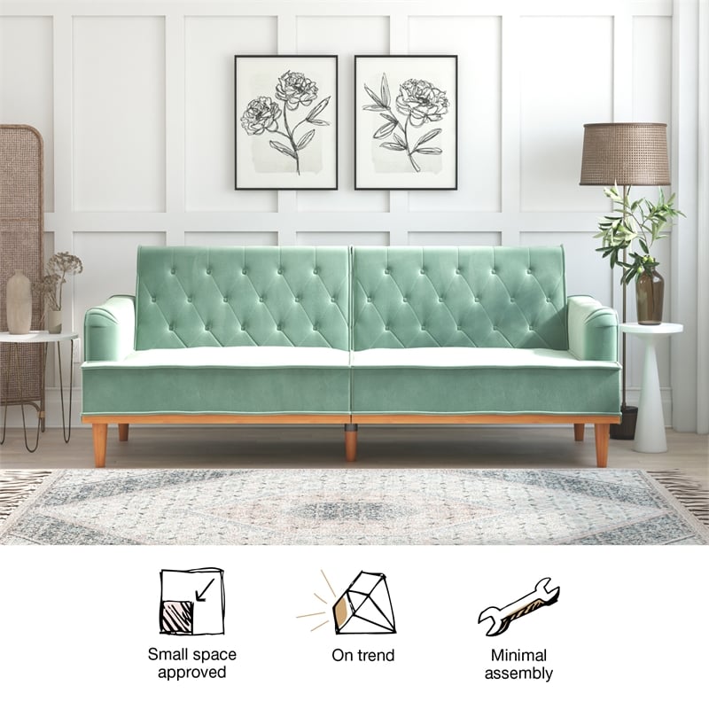 Pemberly Row Vintage Convertible Sofa Bed Futon in Teal Velvet