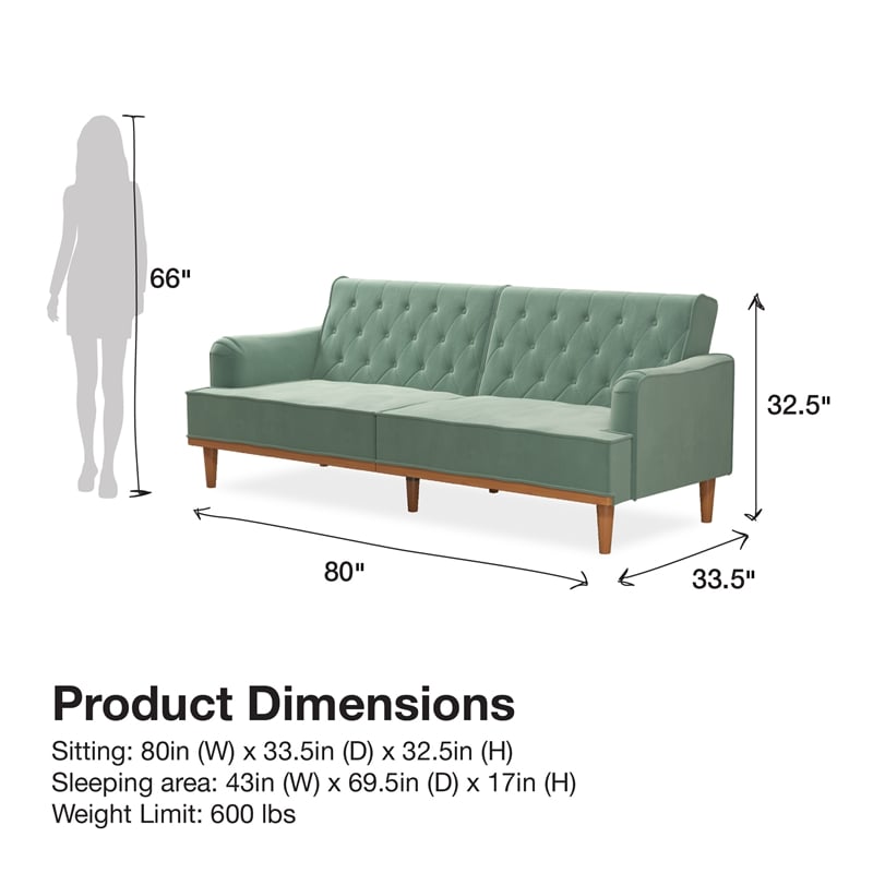 Pemberly Row Vintage Convertible Sofa Bed Futon in Teal Velvet