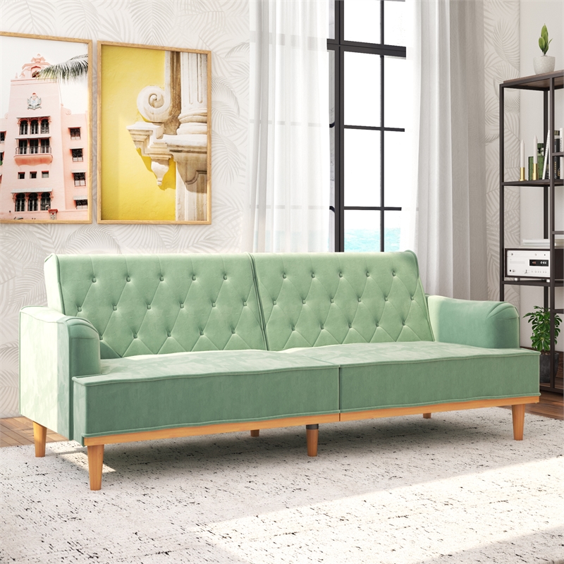 Pemberly Row Vintage Convertible Sofa Bed Futon in Teal Velvet