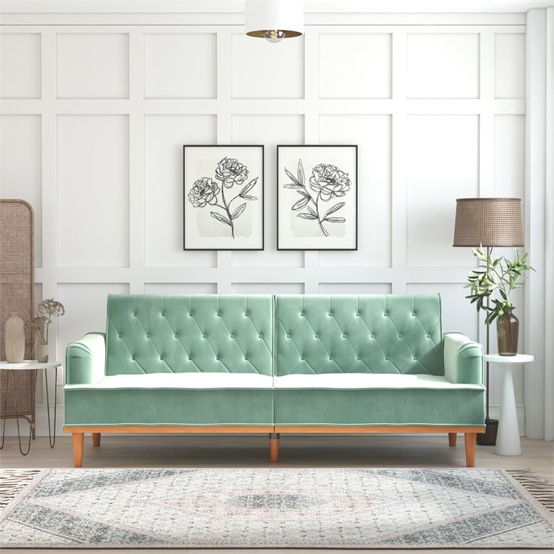 Pemberly Row Vintage Convertible Sofa Bed Futon in Teal Velvet