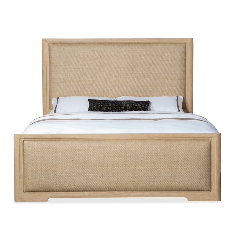 Pemberly Row Contemporary King Wood Cane Panel Bed in Beige Finish