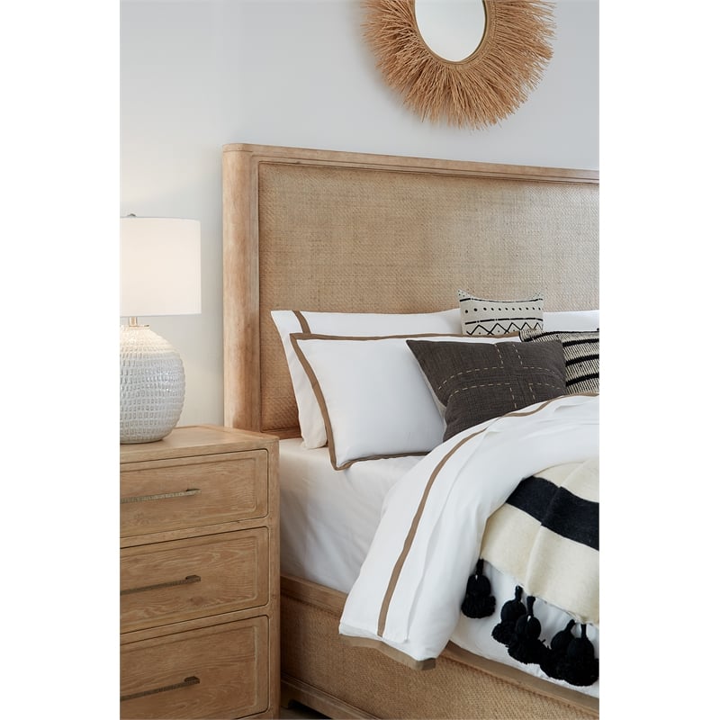 Pemberly Row Contemporary King Wood Cane Panel Bed in Beige Finish