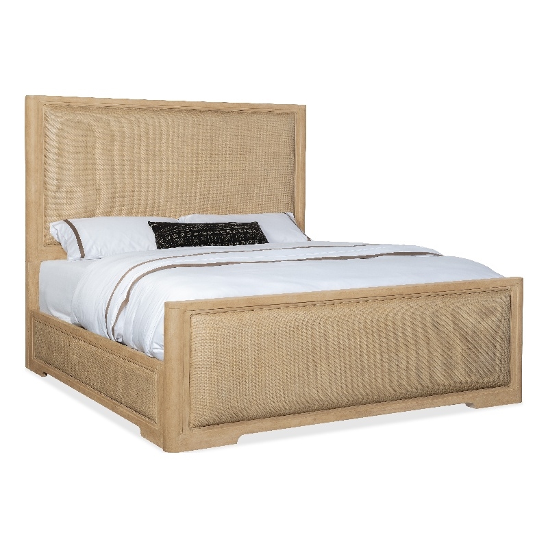 Pemberly Row Contemporary King Wood Cane Panel Bed in Beige Finish