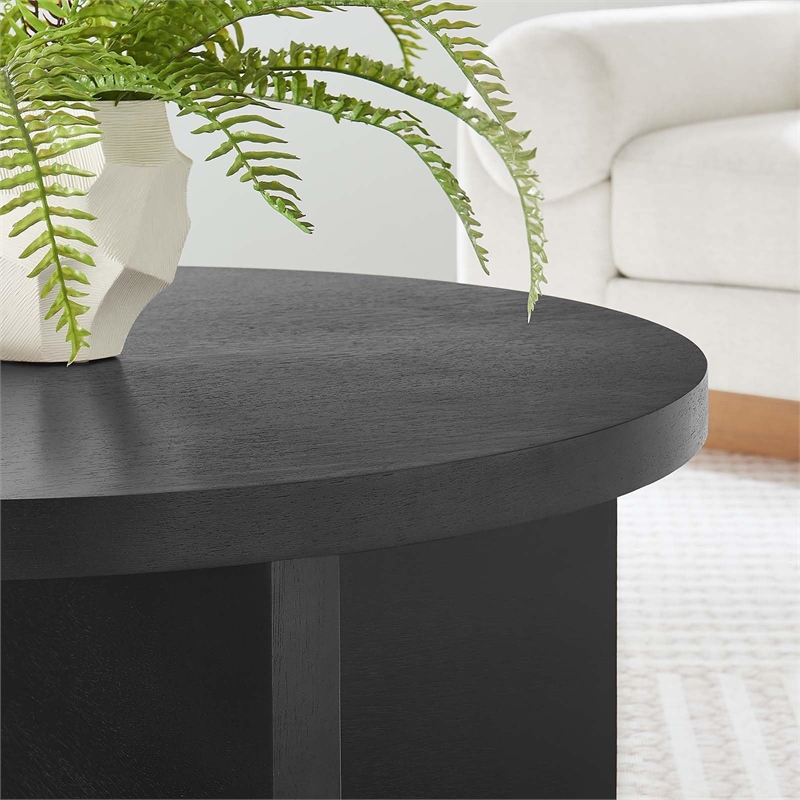 Pemberly Row Round Modern Wood Coffee Table with X-Shaped Base in Black