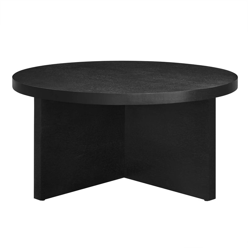 Pemberly Row Round Modern Wood Coffee Table with X-Shaped Base in Black