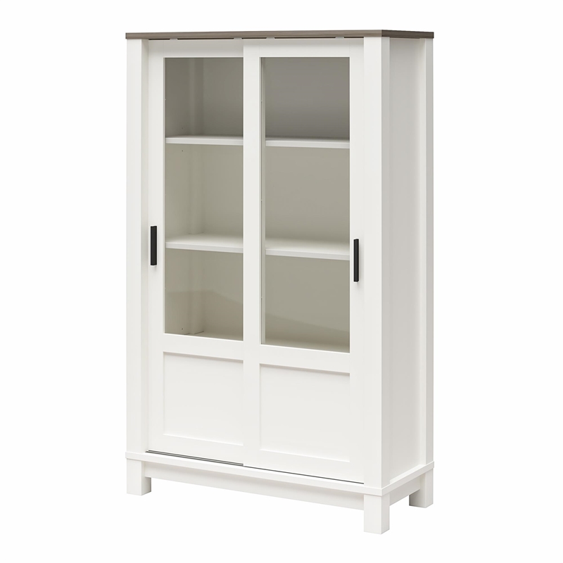 Pemberly Row Rustic Farmhouse Bookcase Cabinet - White w/Brown Oak