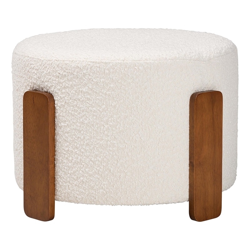 Pemberly Row Cream Boucle Fabric and Brown Wood Ottoman Footstool