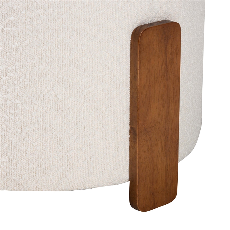 Pemberly Row Cream Boucle Fabric and Brown Wood Ottoman Footstool