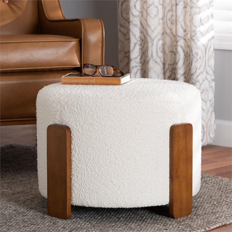 Pemberly Row Cream Boucle Fabric and Brown Wood Ottoman Footstool