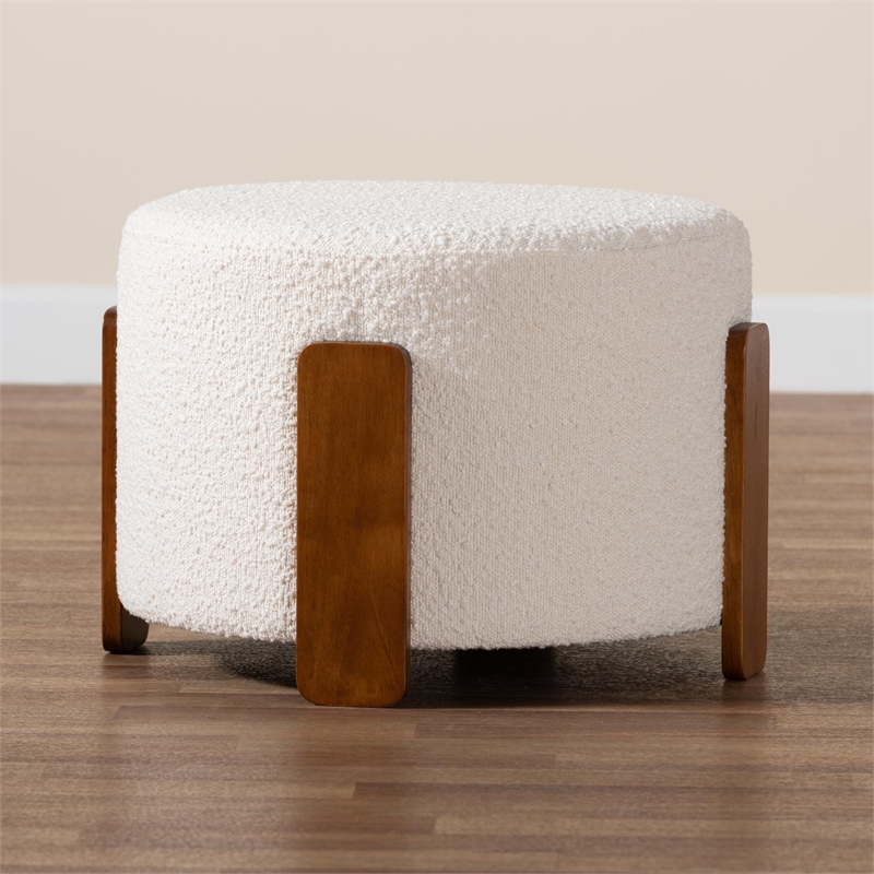 Pemberly Row Cream Boucle Fabric and Brown Wood Ottoman Footstool
