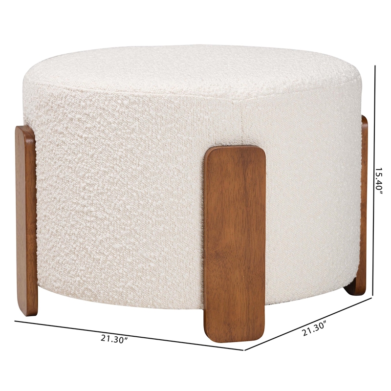 Pemberly Row Cream Boucle Fabric and Brown Wood Ottoman Footstool