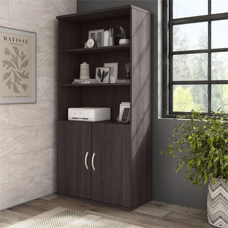 Pemberly Row Tall 5 Shelf Bookcase with Doors in Storm Gray - Engineered Wood
