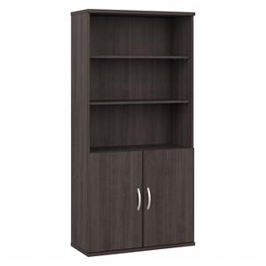 Pemberly Row Tall 5 Shelf Bookcase with Doors in Storm Gray - Engineered Wood
