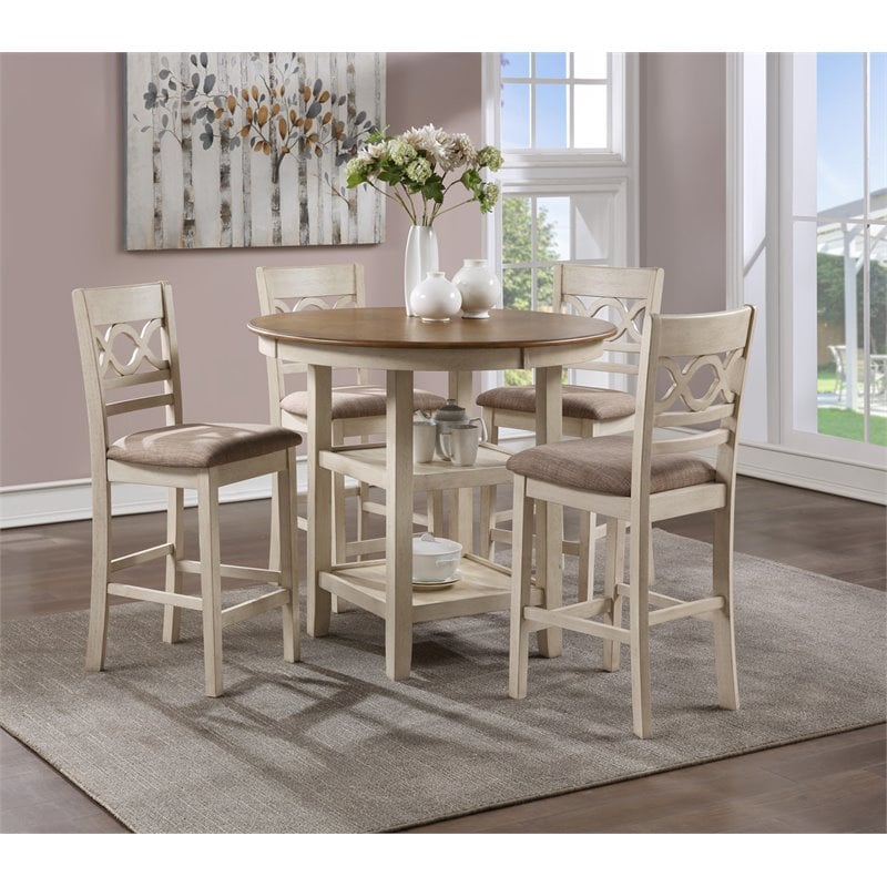 Pemberly Row 5-Piece Solid Wood Counter Dining Set in Brown/White