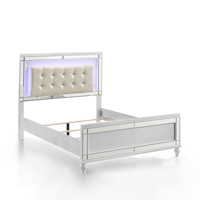 Pemberly Row Contemporary Solid Wood Full Size Lighted Bed in White