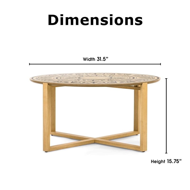 Pemberly Row Floral Designed Top & Cross-style Base Wood Coffee Table in Natural