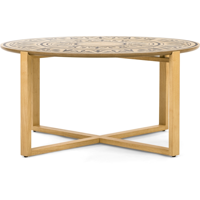Pemberly Row Floral Designed Top & Cross-style Base Wood Coffee Table in Natural