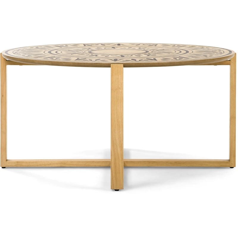 Pemberly Row Floral Designed Top & Cross-style Base Wood Coffee Table in Natural