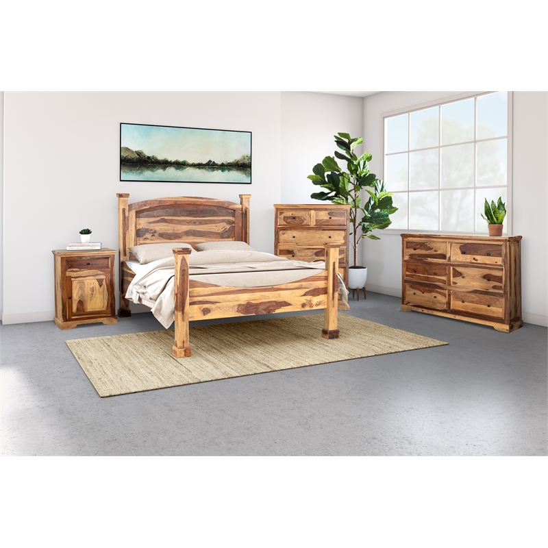 Pemberly Row Transitional Solid Sheesham Wood Queen Bed in Natural