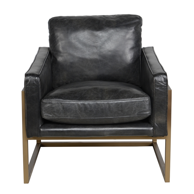 Pemberly Row Transitional Leather Club Chair in Black / Brass