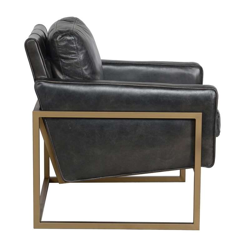 Pemberly Row Transitional Leather Club Chair in Black / Brass