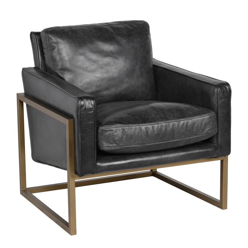 Pemberly Row Transitional Leather Club Chair in Black / Brass