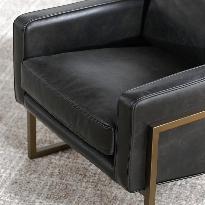 Pemberly Row Transitional Leather Club Chair in Black / Brass