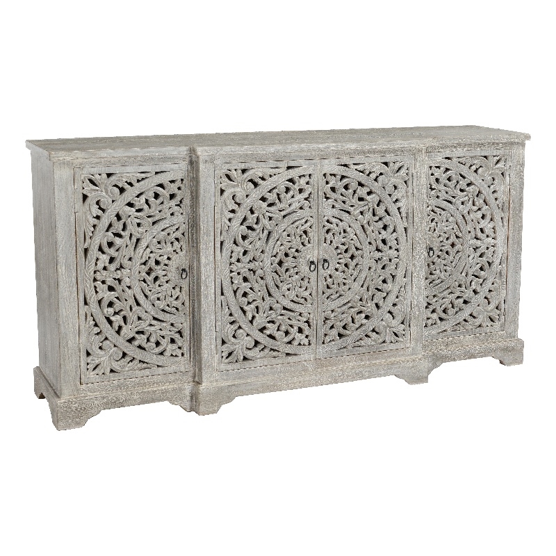 Pemberly Row 4-Door Transitional Mango Wood Sideboard in Gray